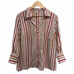 2/$25 Lucia Women’s Striped Red, White, Tan Button-Up Blouse